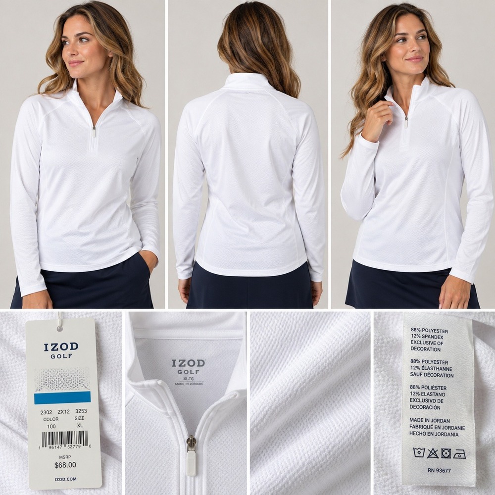 IZOD Golf Women XL White Quarter Zip Pullover Long Sleeve Performance NWT